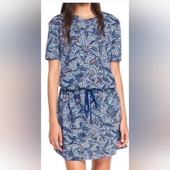 Tory Burch Floral Drawstring Cotton Dress Blue Haven - Picture 1 of 5